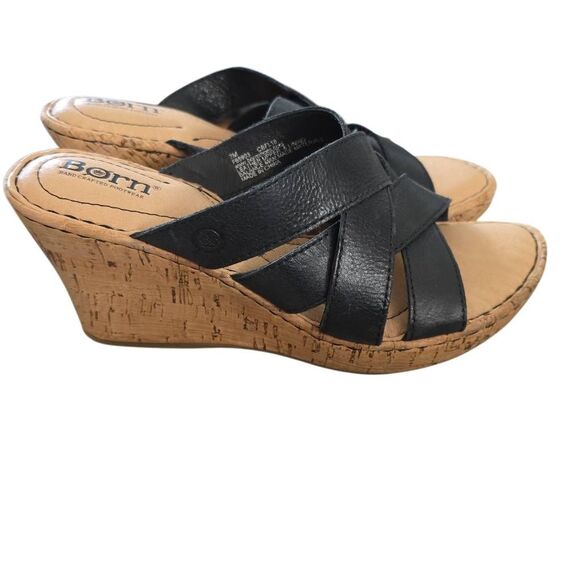 Born Women's Size 7 Black Tan Cork Leather Strappy Wedges - Picture 1 of 6